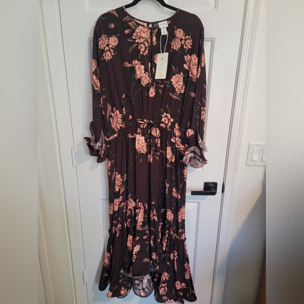 H&M brown floral dress, 3/4 ruffle sleeves